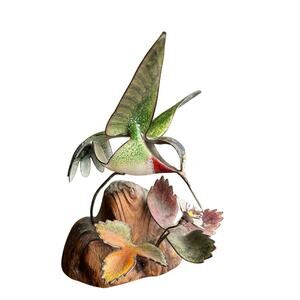 Vintage Norman Brumm Enamel Humming Bird Sculpture Flower Burled Wood Base